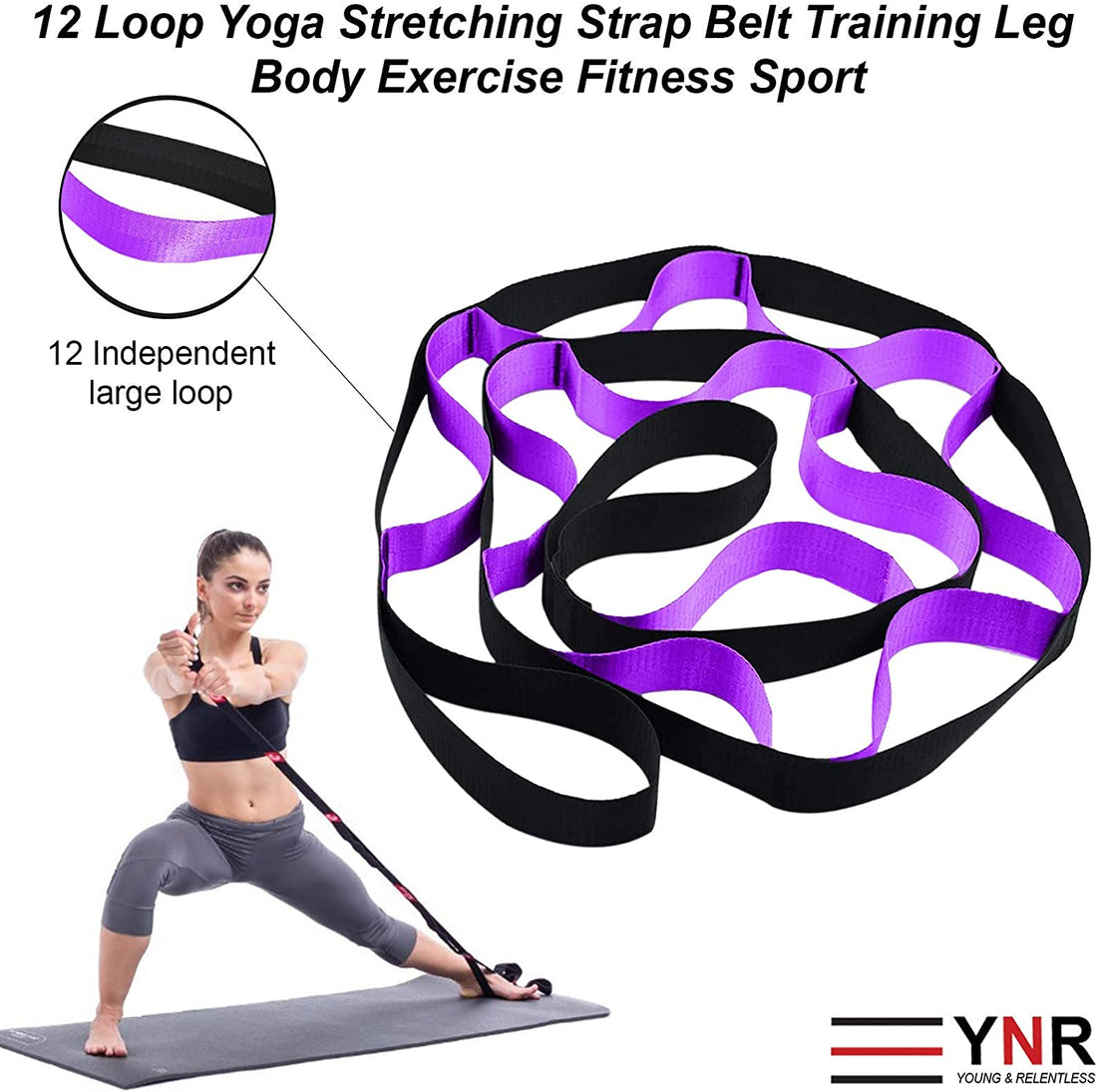 Yoga Strap Stretching Bands With Loops - Stretch Out Strap Pilates Bands Workout Straps - Exercise Loop Bands for Rehab, Yoga, Pilates, Dance, Ballet, Gymnastics, Leg, and Back Stretcher(Black-Purple)