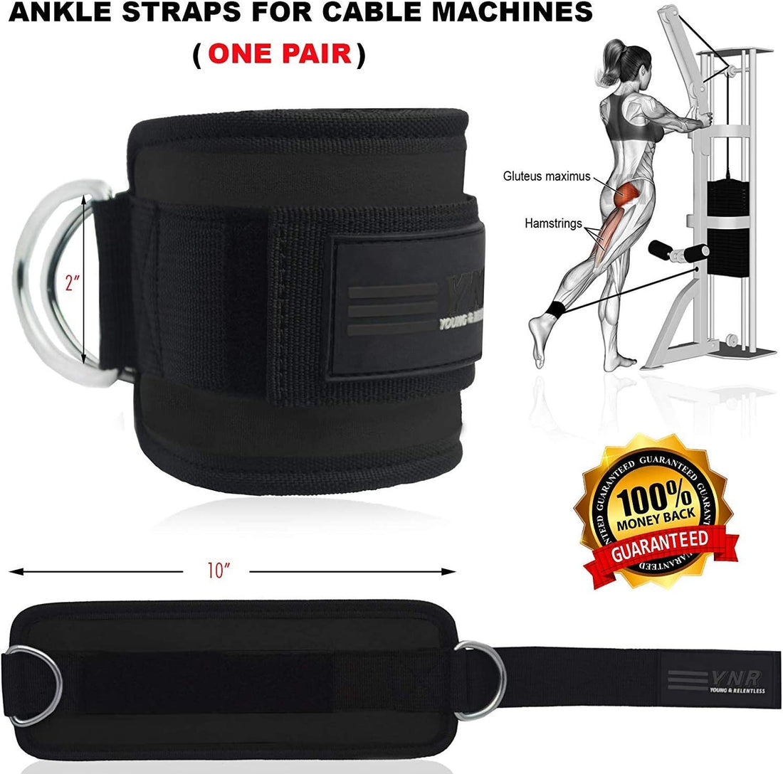 YNR 2 PCS Ankle Straps for Cable Machines Weightlifting Gym Workout Fitness Double D-Ring Neoprene Padded Ankle Cuffs for Legs, Abs and Glute Exercises