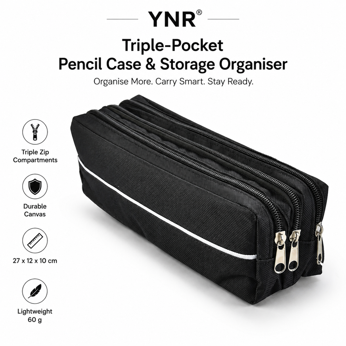 YNR Triple-Pocket Pencil Case – 25 x 9 x 5.5cm Multi-Compartment Stationery Pouch for School, Office, Art Supplies & Travel