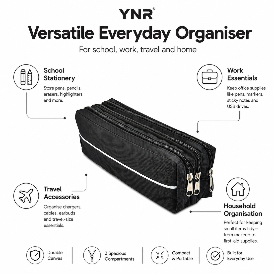YNR Triple-Pocket Pencil Case – 25 x 9 x 5.5cm Multi-Compartment Stationery Pouch for School, Office, Art Supplies & Travel
