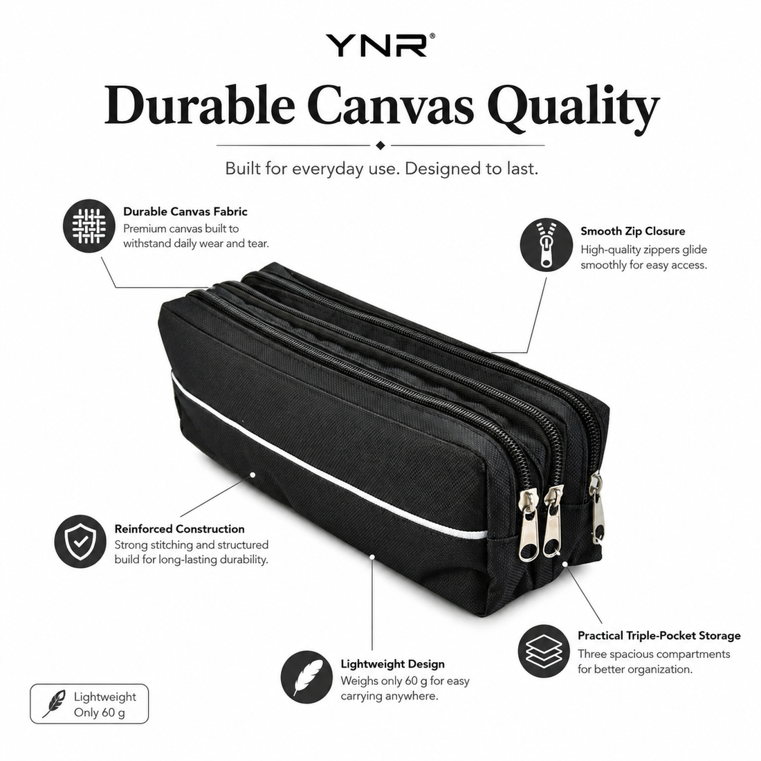 YNR Triple-Pocket Pencil Case – 25 x 9 x 5.5cm Multi-Compartment Stationery Pouch for School, Office, Art Supplies & Travel