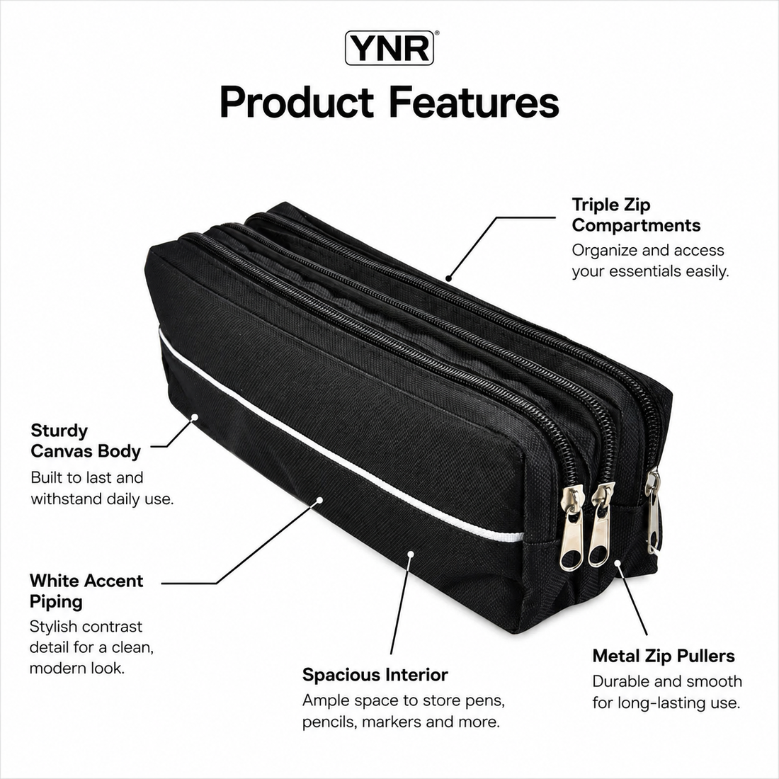 YNR Triple-Pocket Pencil Case – 25 x 9 x 5.5cm Multi-Compartment Stationery Pouch for School, Office, Art Supplies & Travel