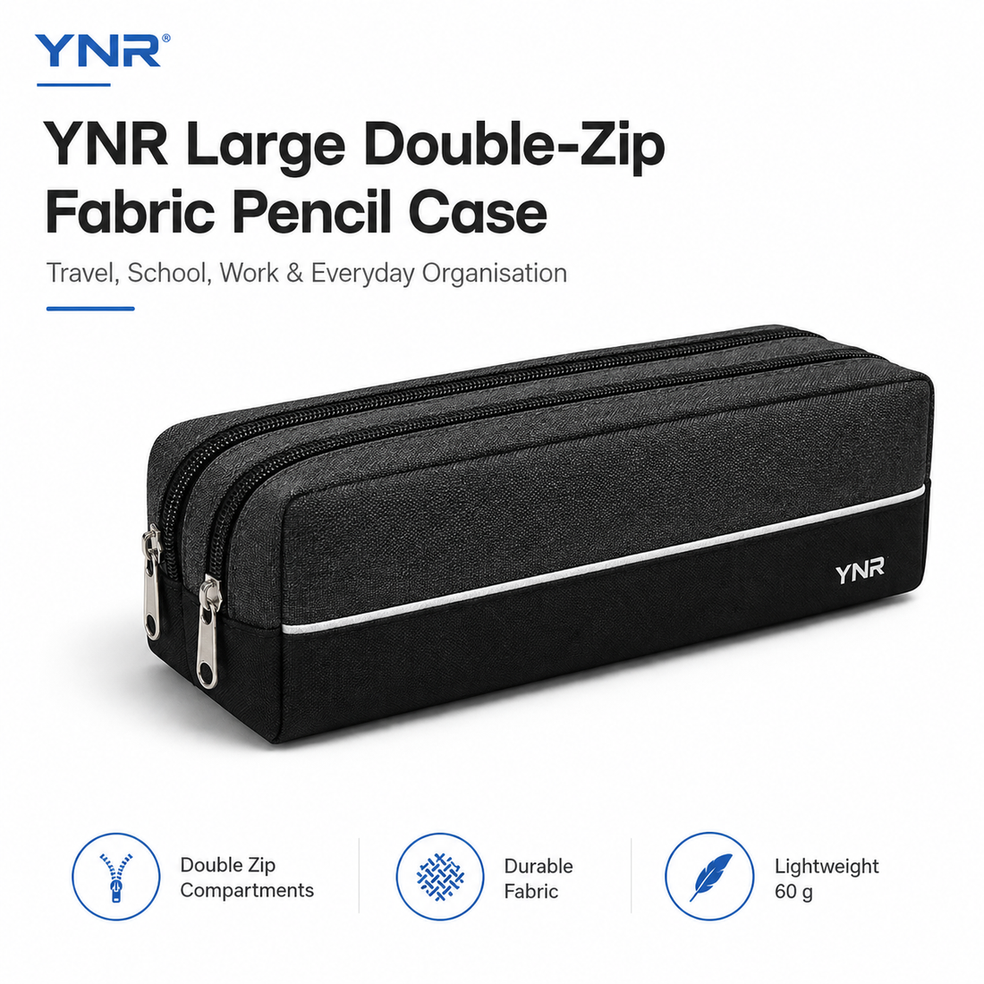 YNR Large Double-Zip Pencil Case – 210 x 80 x 70mm Multi-Compartment Stationery Pouch for School, College, Office, Art & Travel