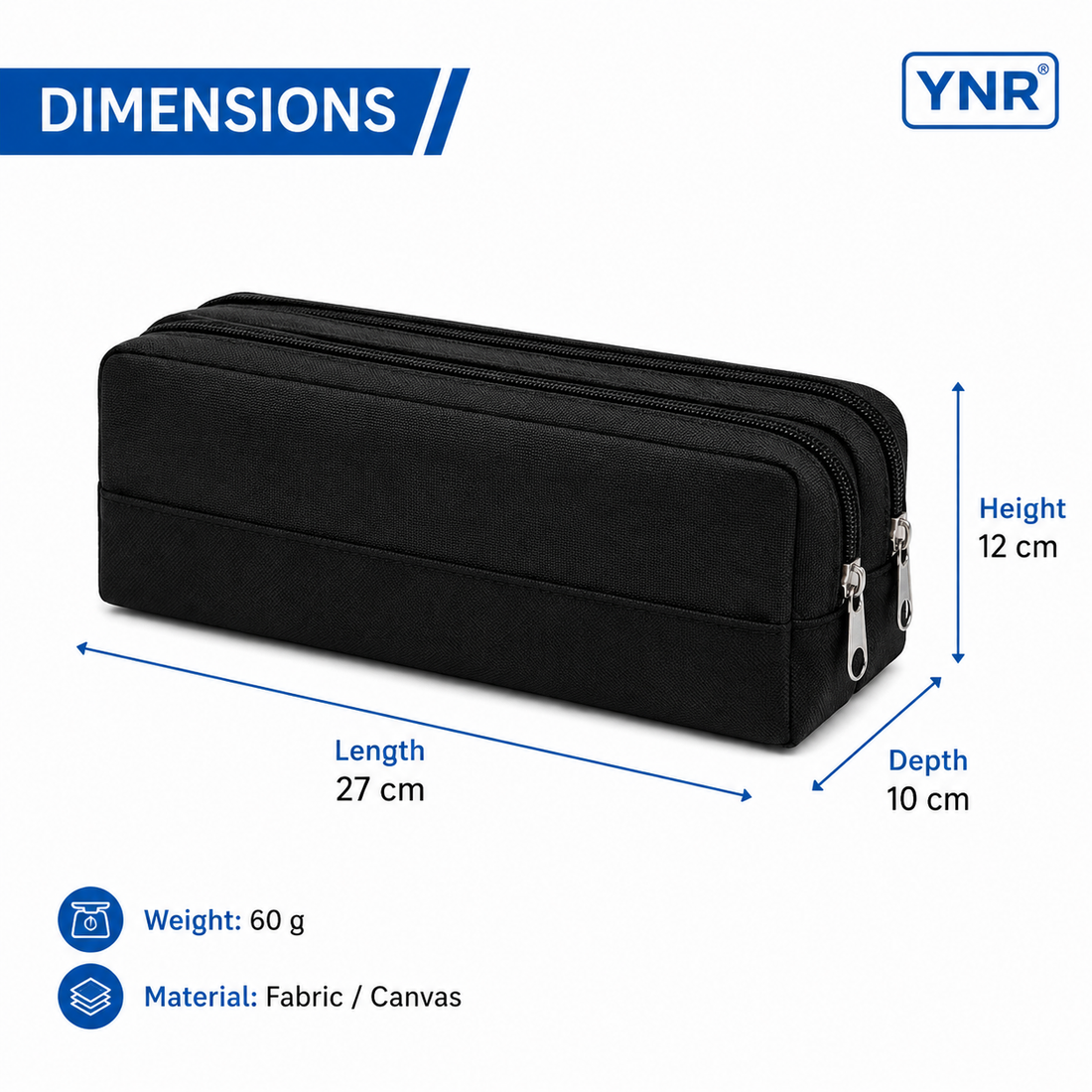 YNR Large Double-Zip Pencil Case – 210 x 80 x 70mm Multi-Compartment Stationery Pouch for School, College, Office, Art & Travel