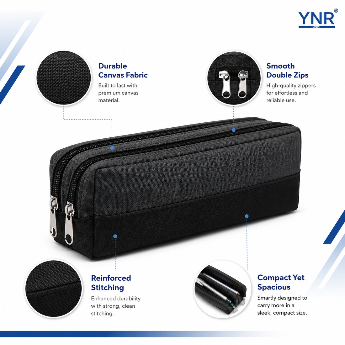 YNR Large Double-Zip Pencil Case – 210 x 80 x 70mm Multi-Compartment Stationery Pouch for School, College, Office, Art & Travel