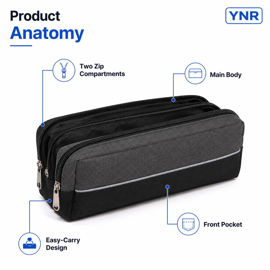 YNR Large Double-Zip Pencil Case – 210 x 80 x 70mm Multi-Compartment Stationery Pouch for School, College, Office, Art & Travel