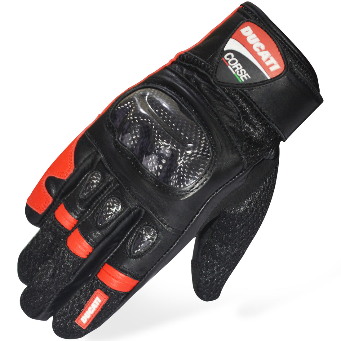 Ducati Corse New Leather Racing Motorbike Glove Pre-Curved Finger Motorcycle Gloves (Black Red)