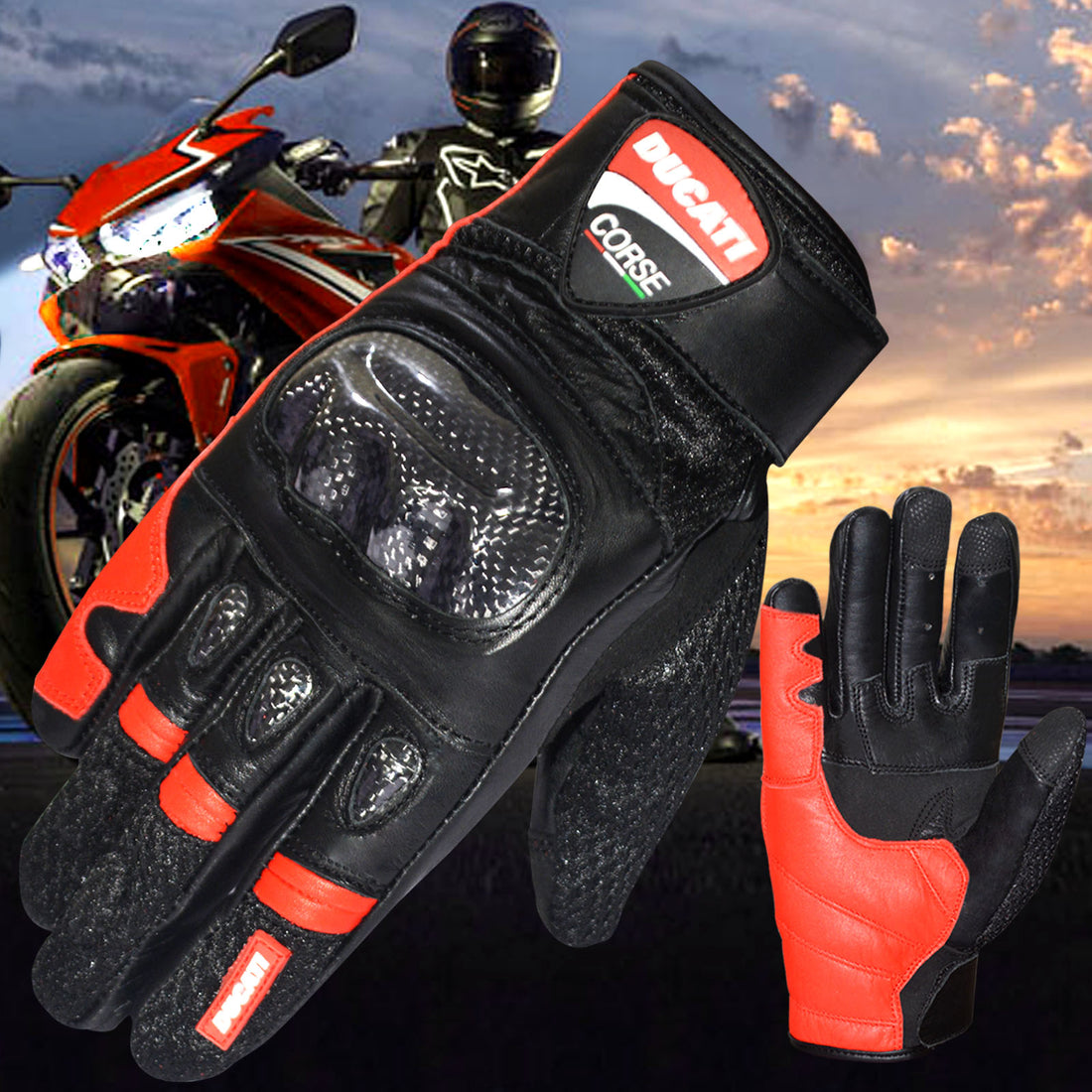 Ducati Corse New Leather Racing Motorbike Glove Pre-Curved Finger Motorcycle Gloves (Black Red)