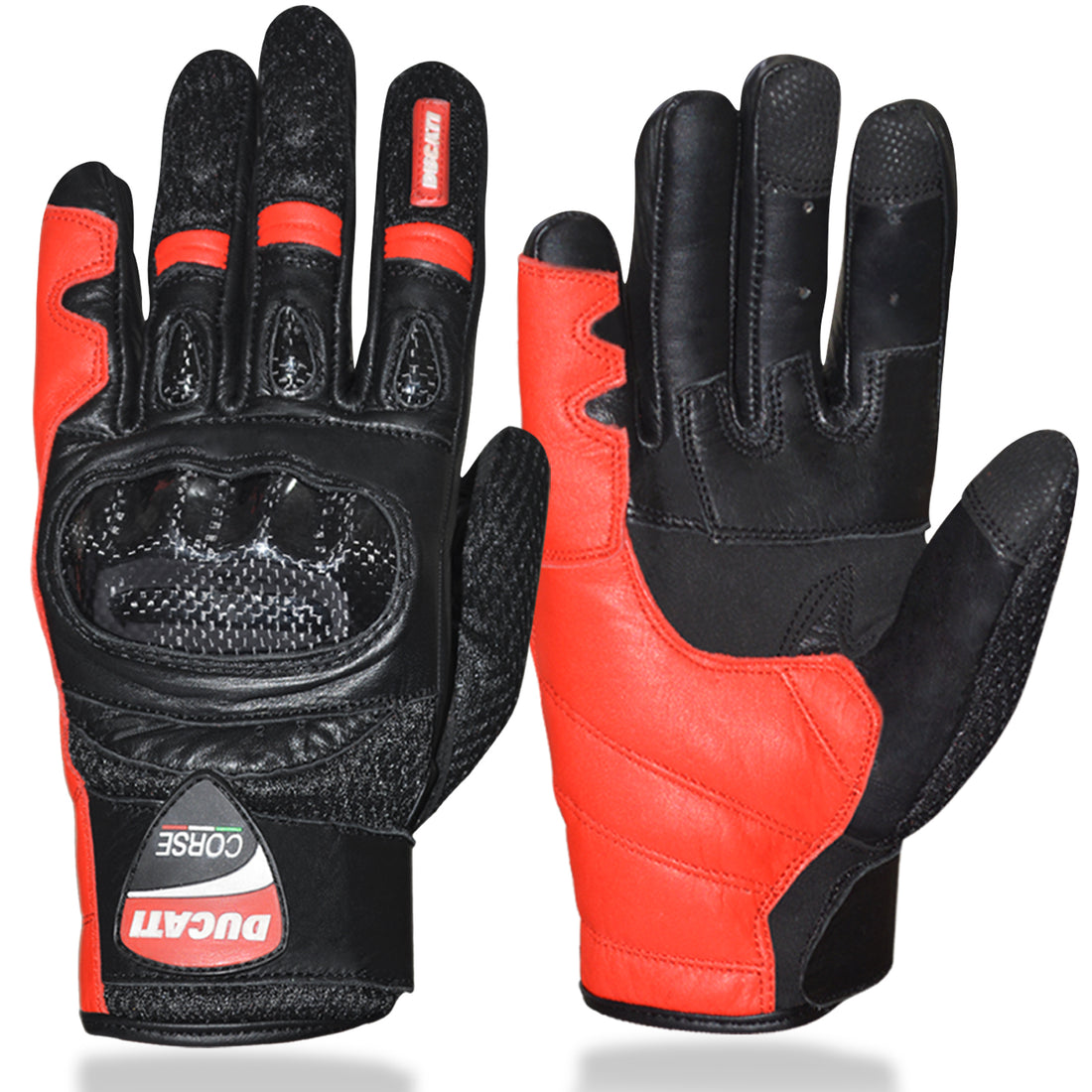 Ducati Corse New Leather Racing Motorbike Glove Pre-Curved Finger Motorcycle Gloves (Black Red)