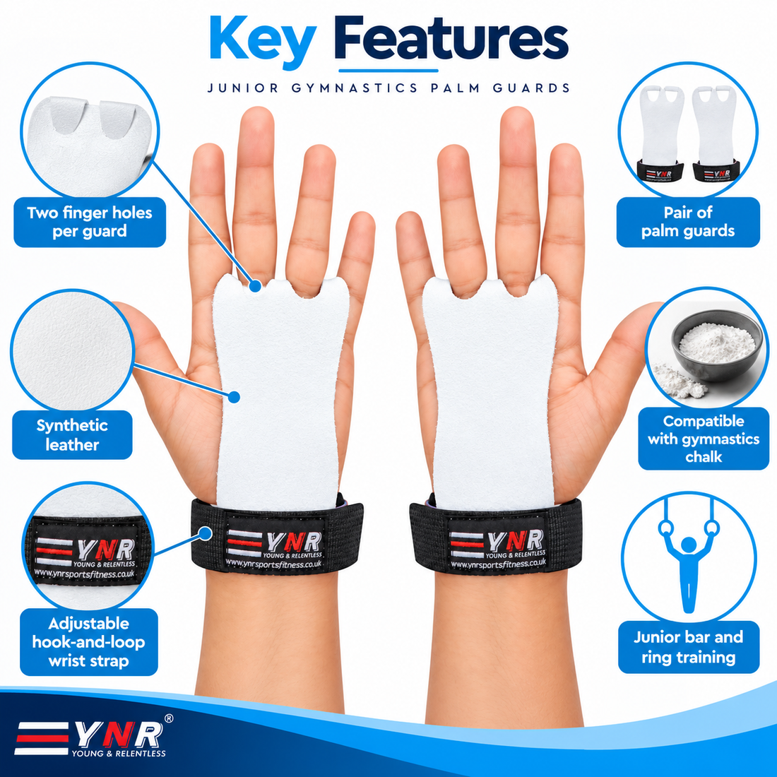 YNR Junior Gymnastics Palm Hand Guards – Leather Beginner Grips with Adjustable Wrist Strap for Children’s Bar Training, XS–L
