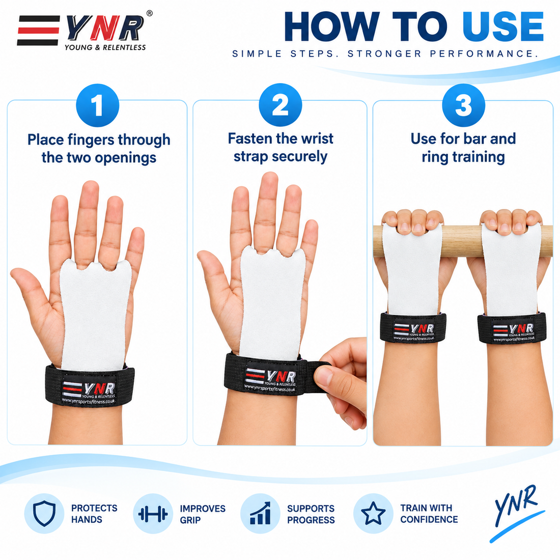 YNR Junior Gymnastics Palm Hand Guards – Leather Beginner Grips with Adjustable Wrist Strap for Children’s Bar Training, XS–L
