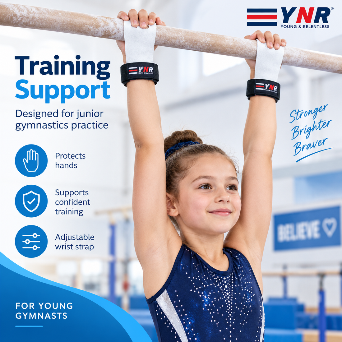 YNR Junior Gymnastics Palm Hand Guards – Leather Beginner Grips with Adjustable Wrist Strap for Children’s Bar Training, XS–L