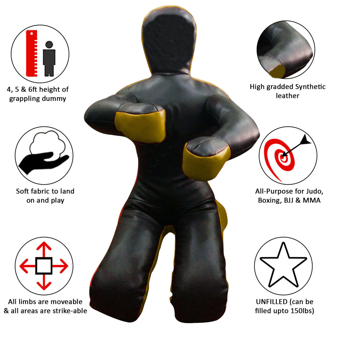 Brazilian Jiu Jitsu Leather Grappling Kneeling Dummy Boxing judo MMA - Black/Gold - KNEELING