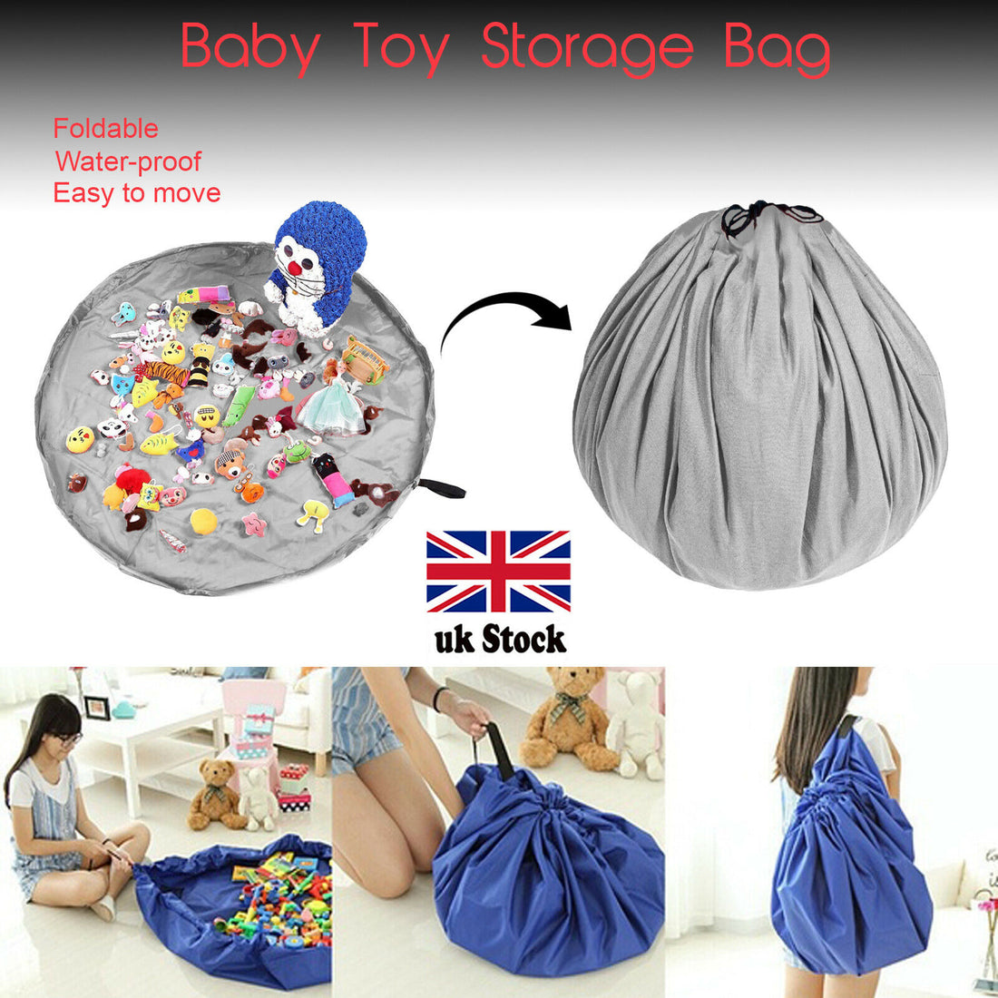 YNR Kids Portable Toy Storage Bag Organiser Play Mat Rug Drawstring Tidy Home UK