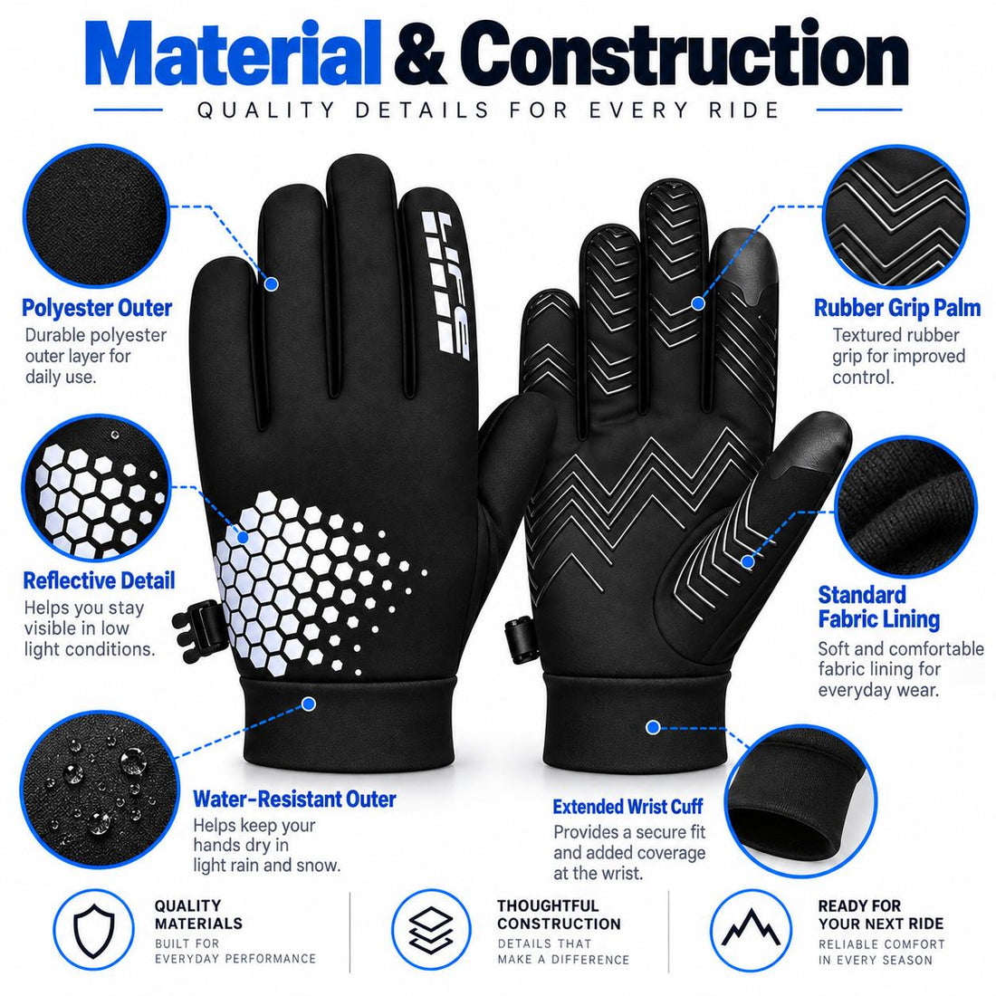 Reflective All-Weather Grip Gloves - Water-Resistant Touchscreen Winter Sports Gloves for Cycling, Horse Riding, Running & Outdoor Use