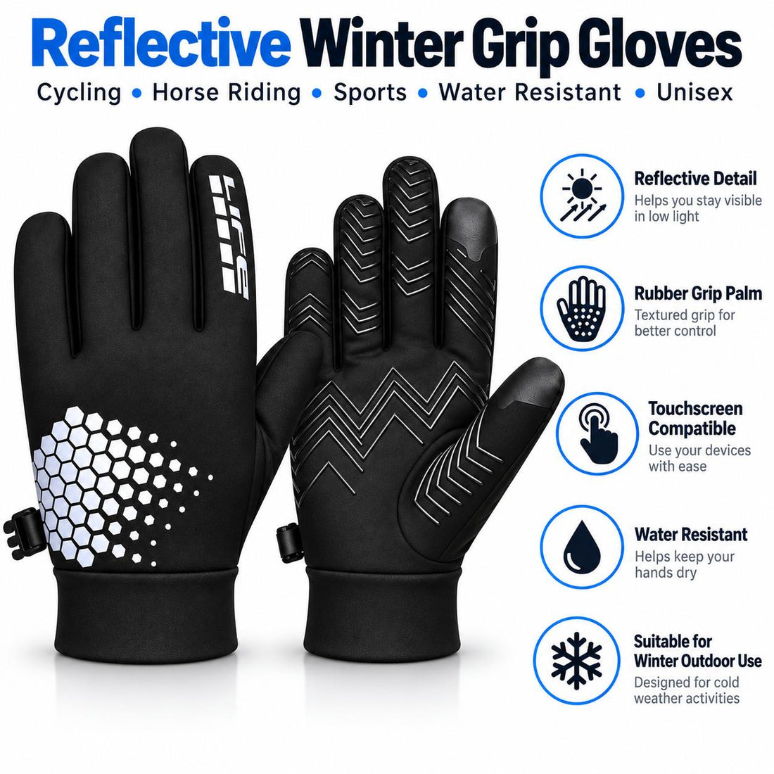 Reflective All-Weather Grip Gloves - Water-Resistant Touchscreen Winter Sports Gloves for Cycling, Horse Riding, Running & Outdoor Use