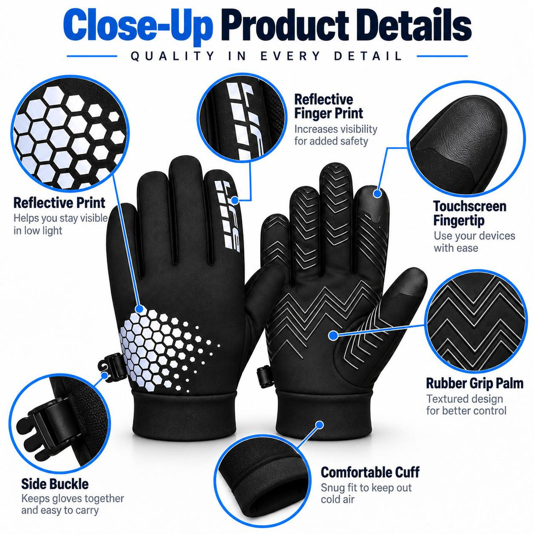 Reflective All-Weather Grip Gloves - Water-Resistant Touchscreen Winter Sports Gloves for Cycling, Horse Riding, Running & Outdoor Use