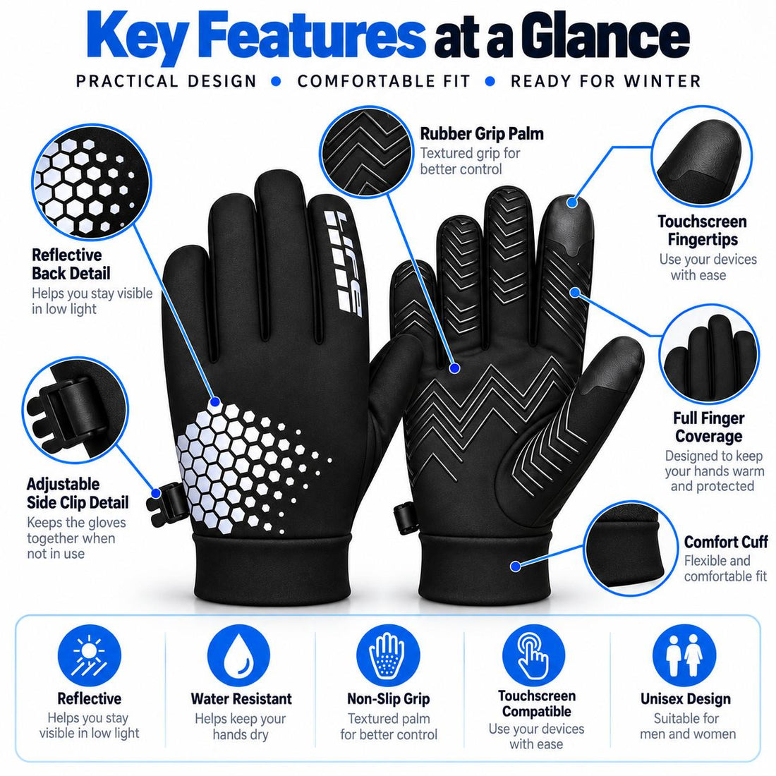 Reflective All-Weather Grip Gloves - Water-Resistant Touchscreen Winter Sports Gloves for Cycling, Horse Riding, Running & Outdoor Use
