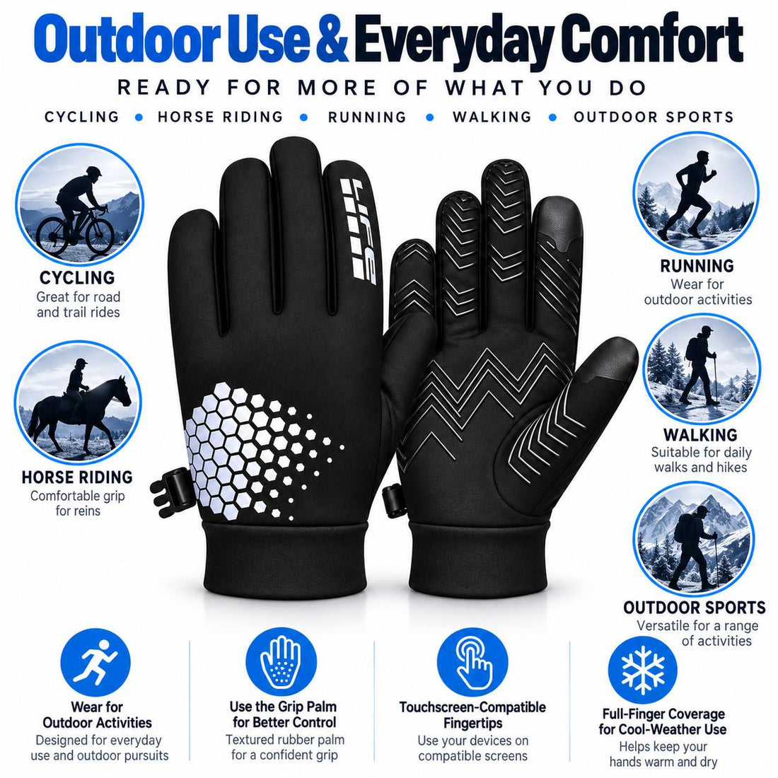 Reflective All-Weather Grip Gloves - Water-Resistant Touchscreen Winter Sports Gloves for Cycling, Horse Riding, Running & Outdoor Use