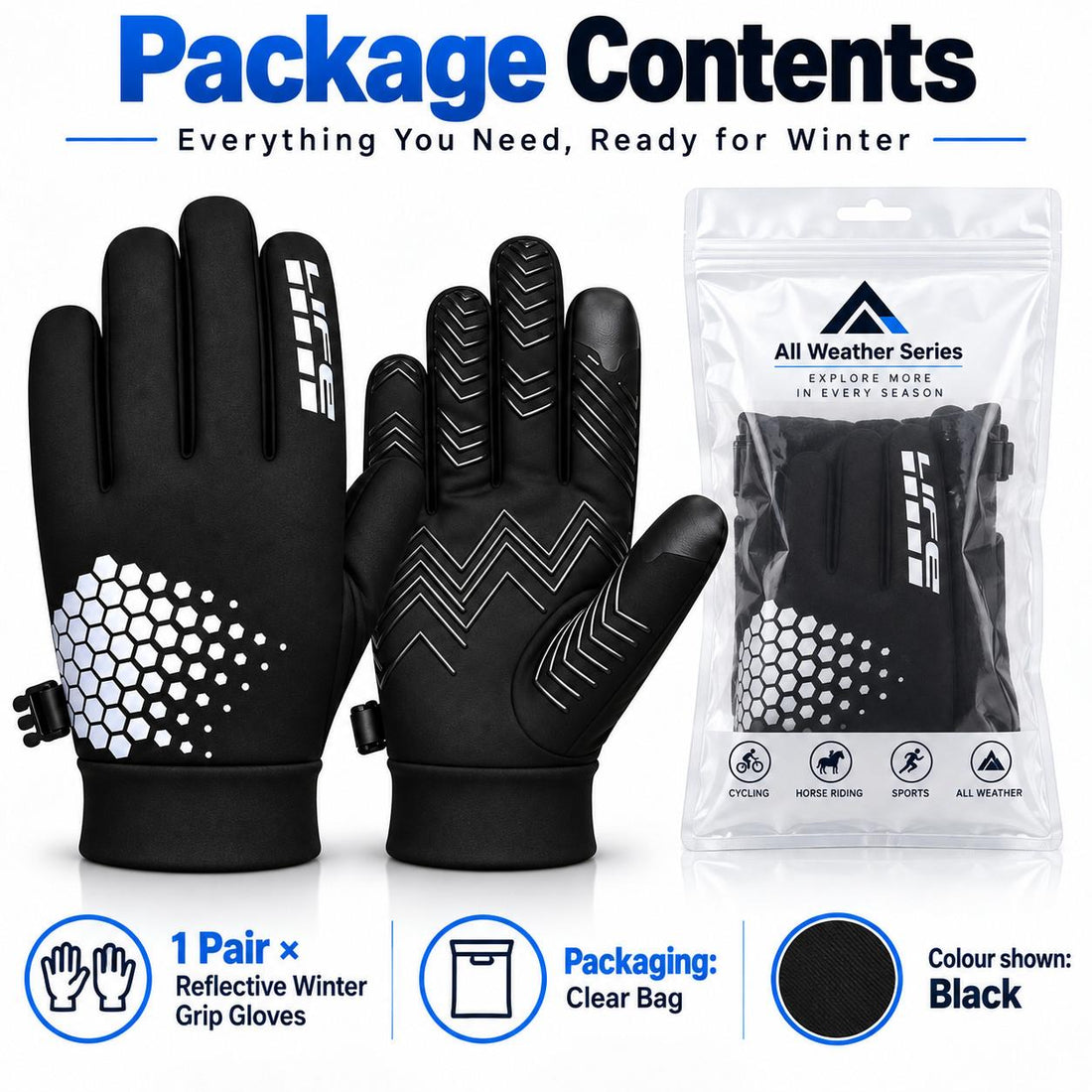 Reflective All-Weather Grip Gloves - Water-Resistant Touchscreen Winter Sports Gloves for Cycling, Horse Riding, Running & Outdoor Use