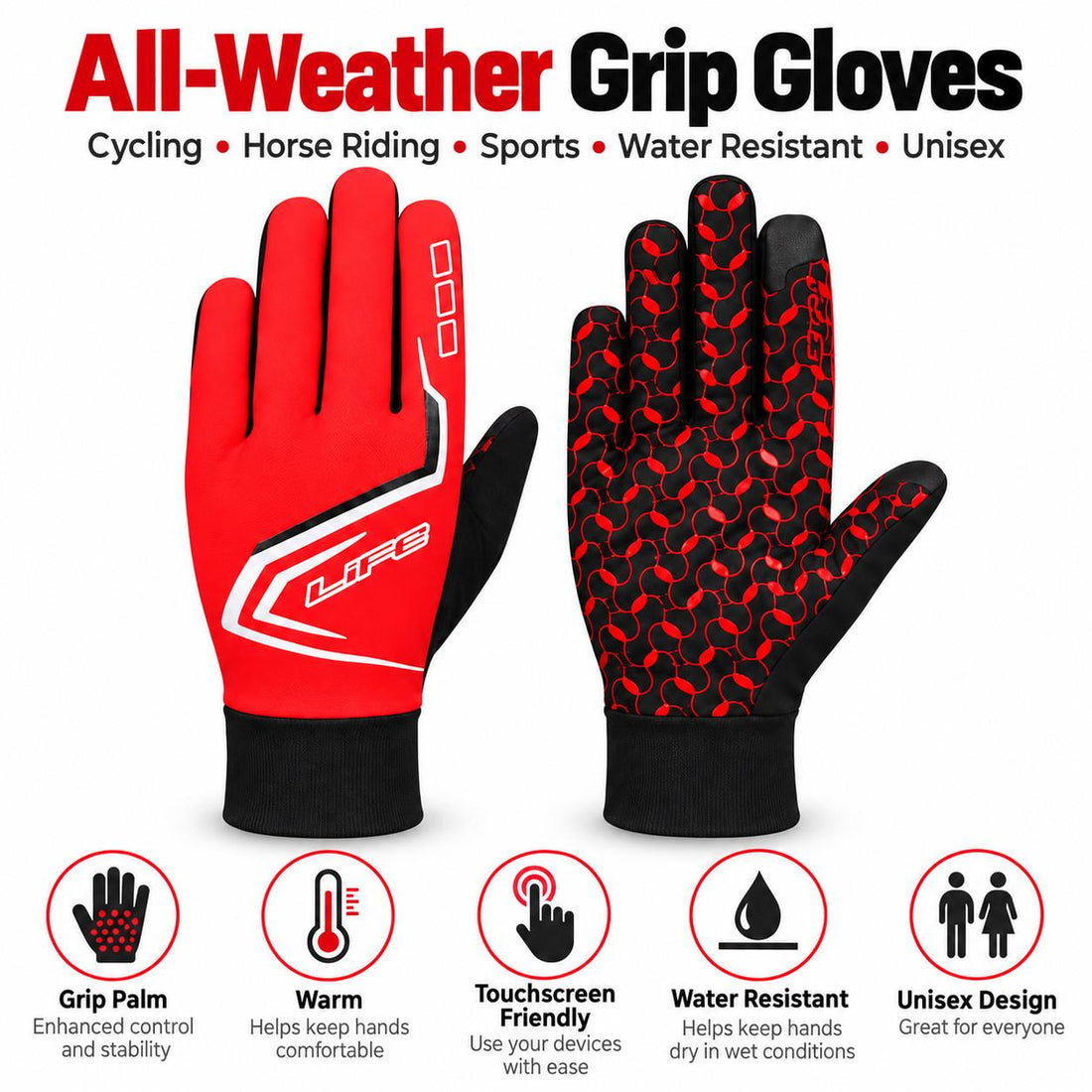 All Weather Winter Grip Gloves Cycling Horse Riding Sports Water Resistant Unise