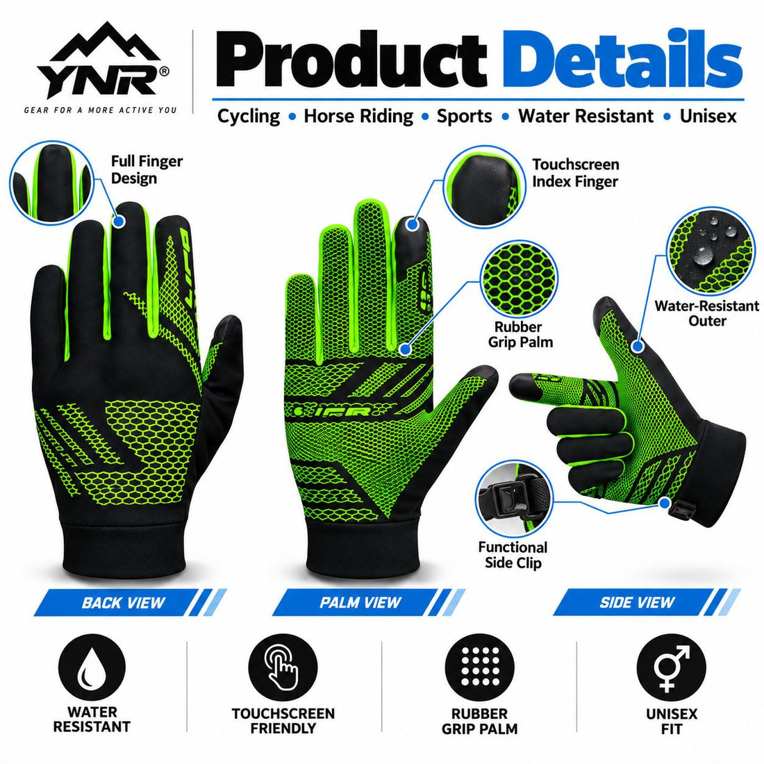 All Weather Cycling Riding Gloves Reflective Grip Winter Outdoor Sports Unisex