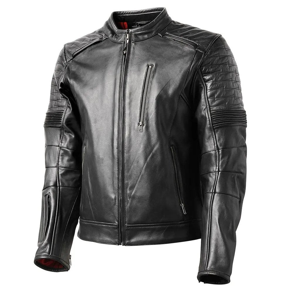 Mens Black Ribbed Leather Jacket Motorbike Stylish Custom