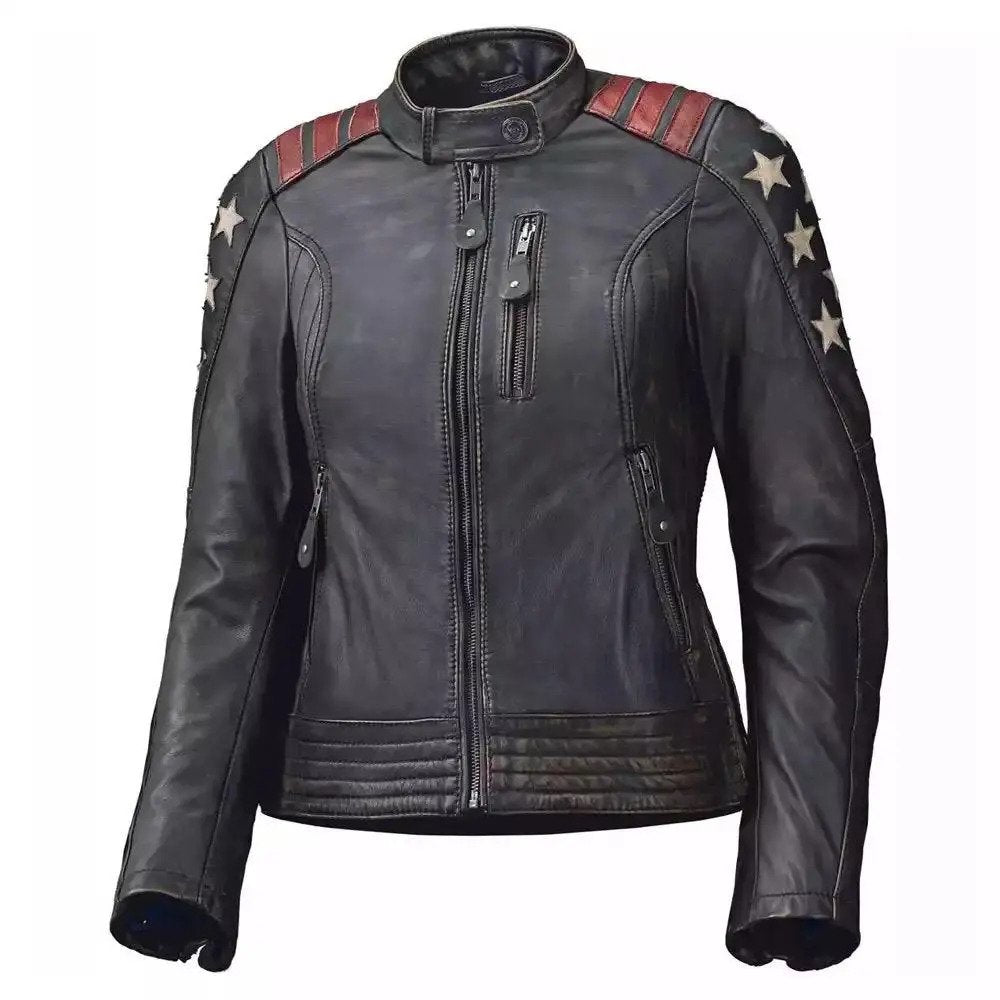Women's Black Leather Flag Jacket Motorbike Stylish Custom