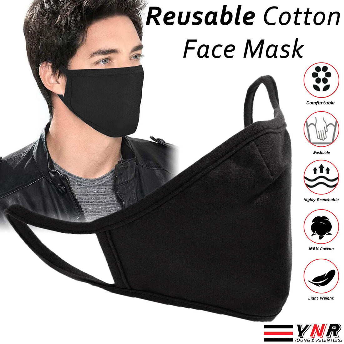 YNR Cotton Face Mask Protective Covering Mouth Masks Washable Reusable Black UK