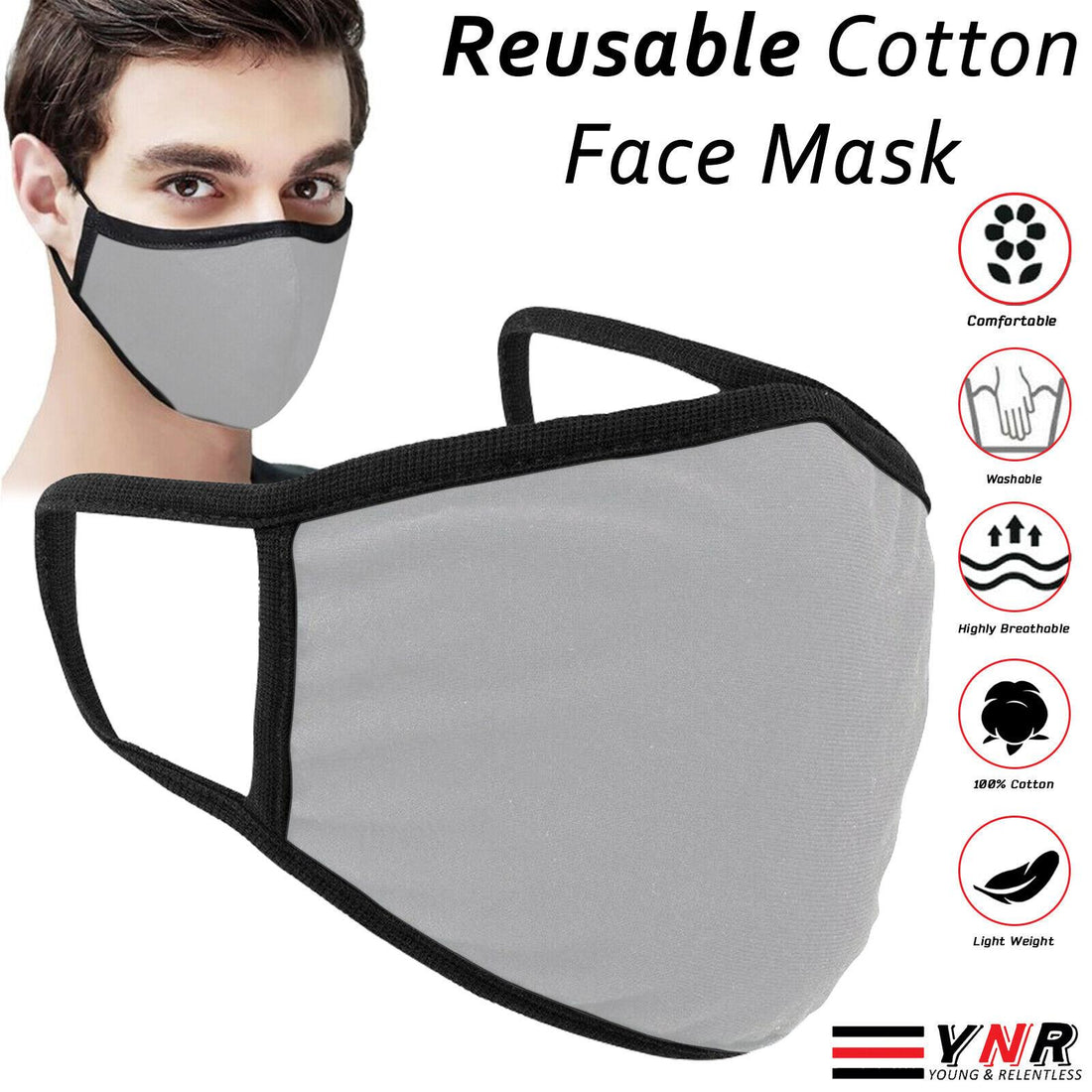 YNR Cotton Face Mask Protective Covering Mouth Masks Washable Reusable Black UK