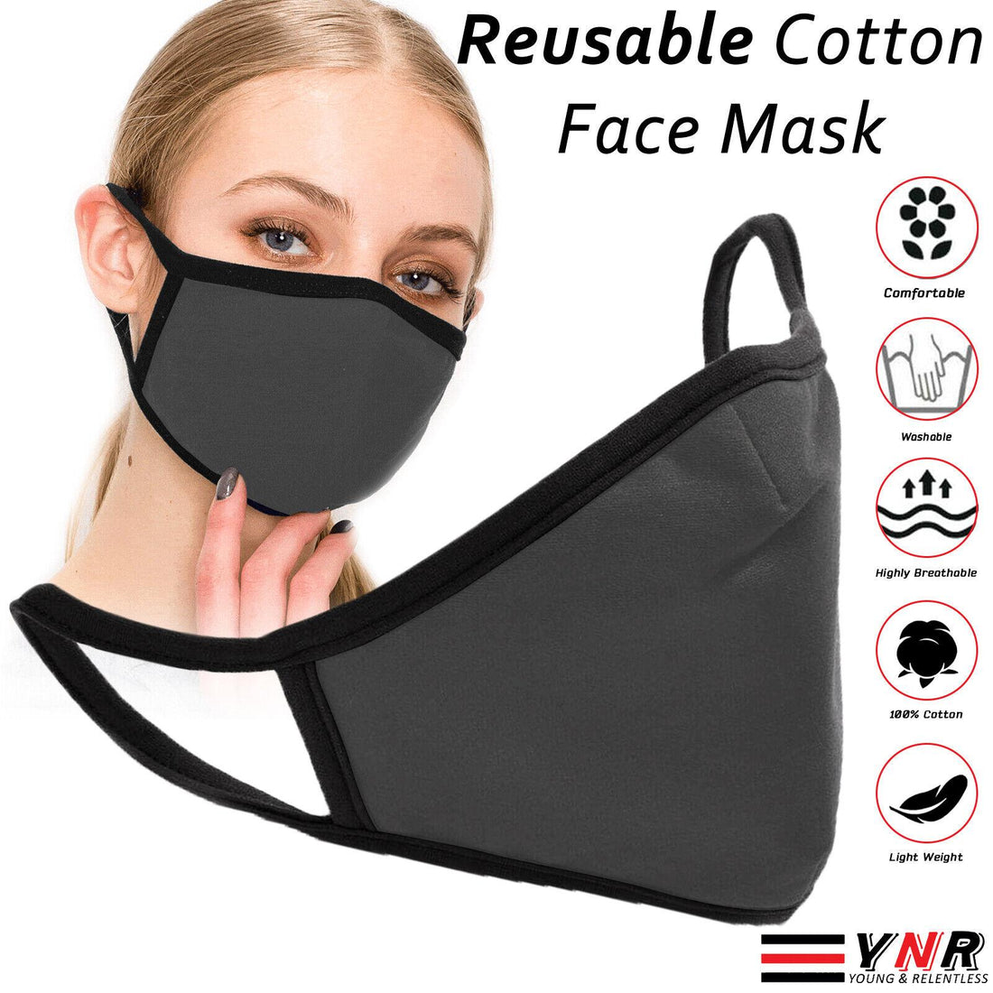YNR Cotton Face Mask Protective Covering Mouth Masks Washable Reusable Black UK