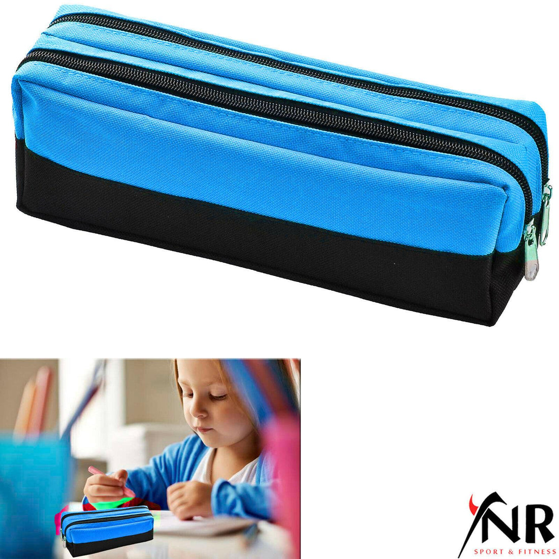 Large Double Zip Fabric Pencil Case - Ideal For School/College/Uni.- Make up Bag