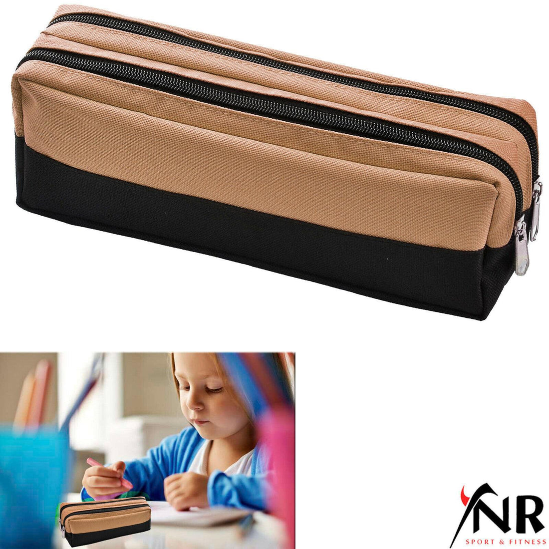 Large Double Zip Fabric Pencil Case - Ideal For School/College/Uni.- Make up Bag