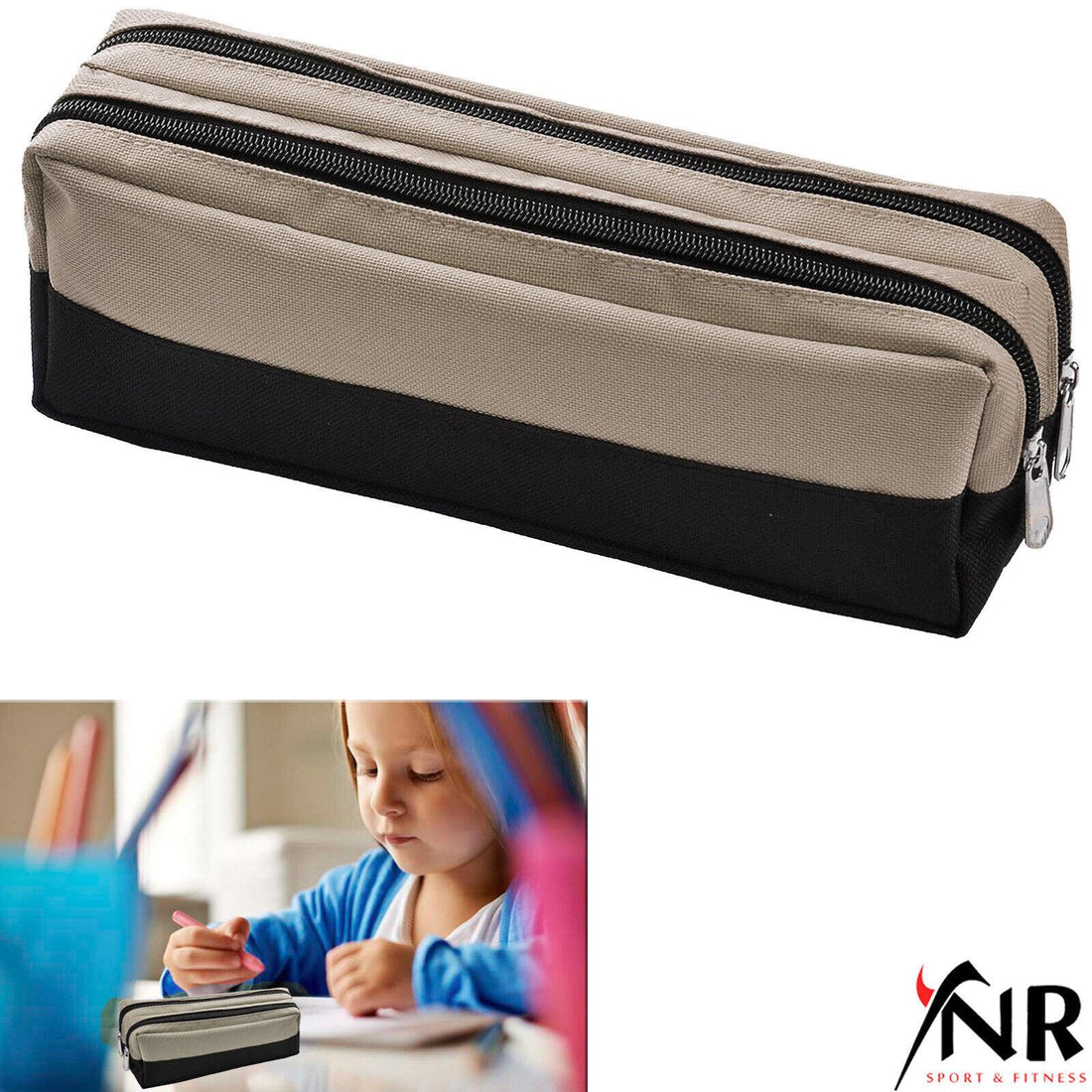 Large Double Zip Fabric Pencil Case - Ideal For School/College/Uni.- Make up Bag