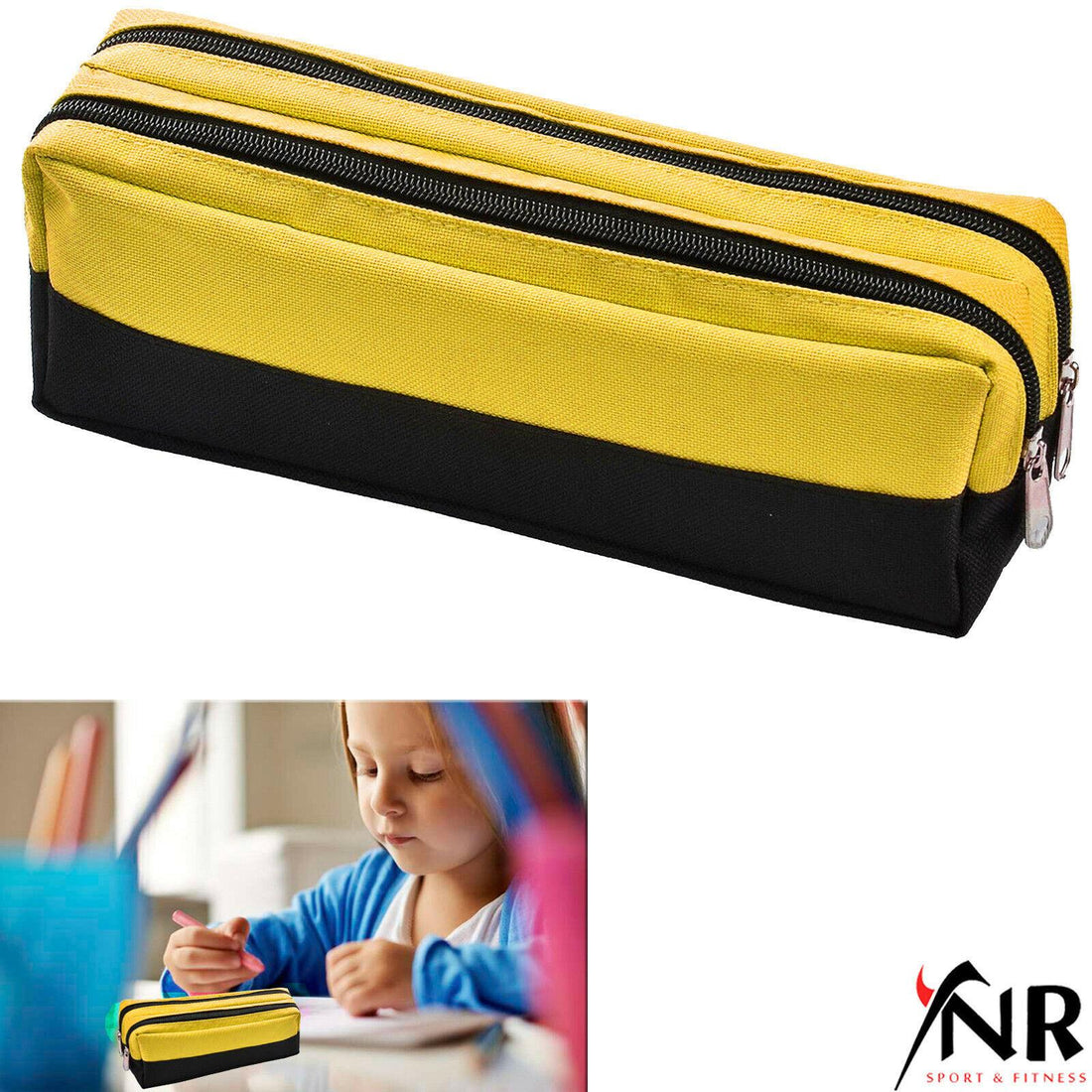 Large Double Zip Fabric Pencil Case - Ideal For School/College/Uni.- Make up Bag