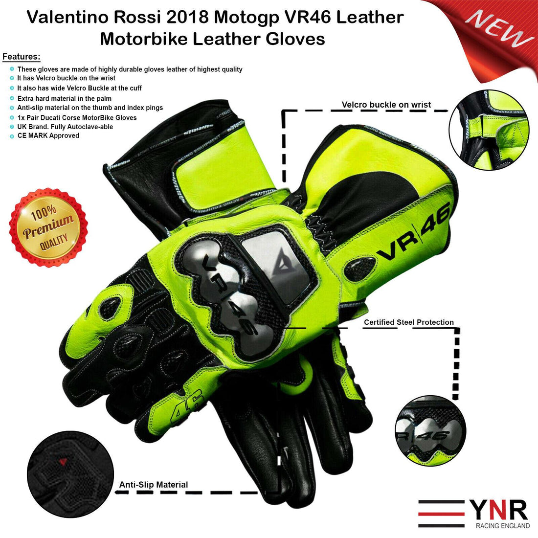 Valentino Rossi 2018 Motogp VR46 Leather Motorbike Leather Gloves