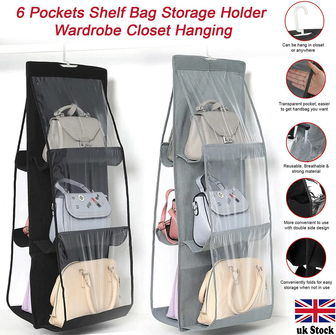 Large Capacity Hanging Purse Organizer Rack Storage Bag For Closet 6 Pockets